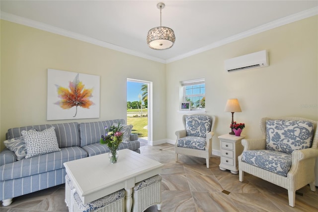 living room with crown molding and a wall mounted AC