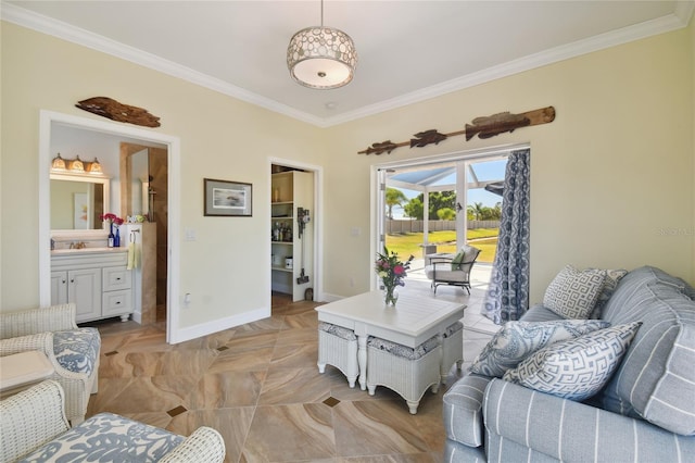 living room with sink and crown molding