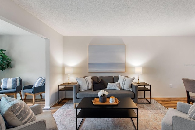 living room featuring a textured ceiling and light hardwood / wood-style flooring