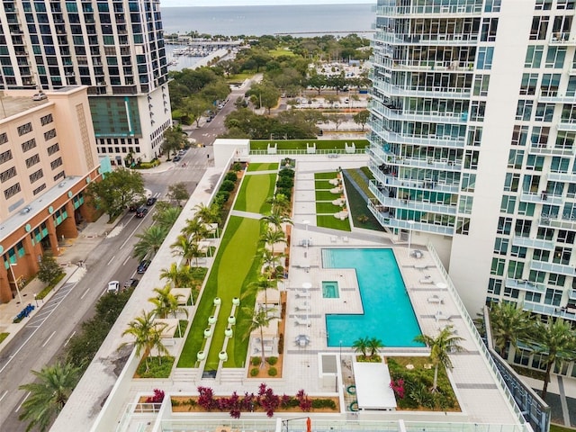 aerial view featuring a water view