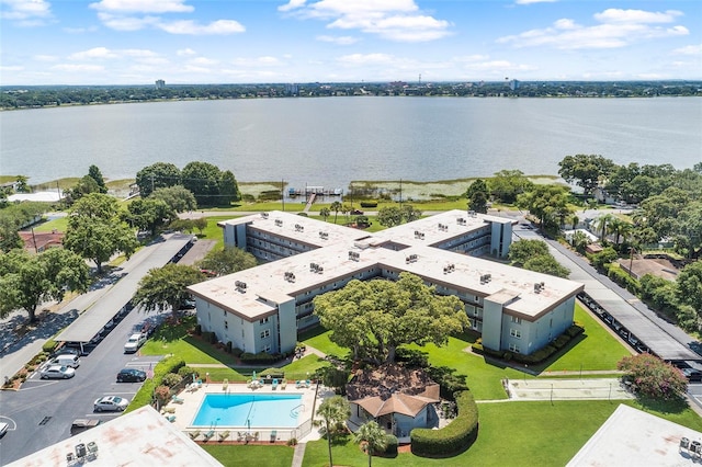 drone / aerial view with a water view