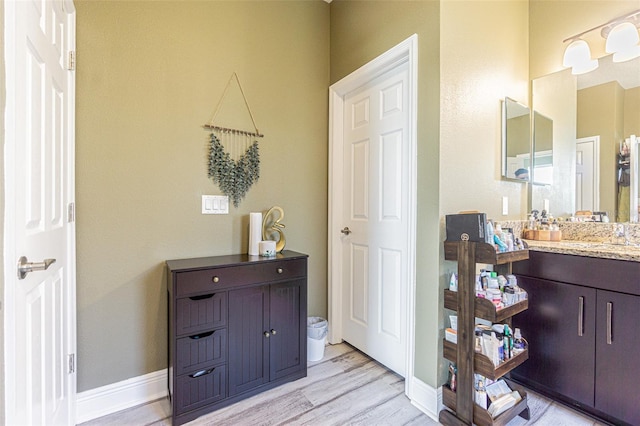 bathroom with hardwood / wood-style flooring and vanity