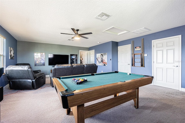 playroom featuring a textured ceiling, carpet flooring, ceiling fan, and pool table