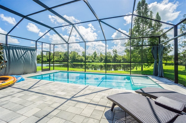19501 Sea Myrtle Way, Tampa, FL 33647 - swimming pool featuring a patio area, a water view, view of scattered trees, and a lanai