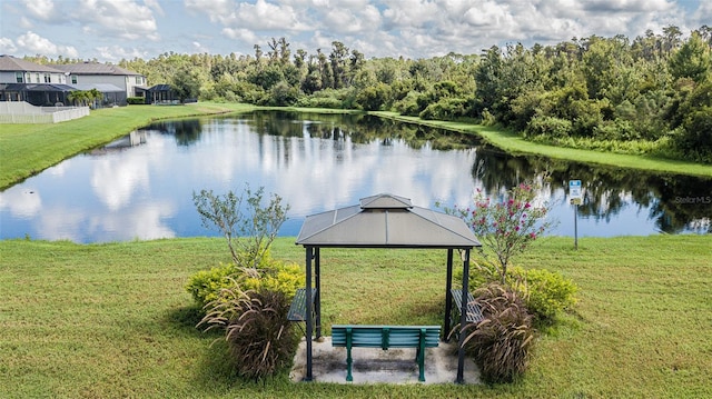 property view of water with a gazebo