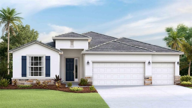 ranch-style house featuring concrete driveway, a garage, stone siding, and stucco siding