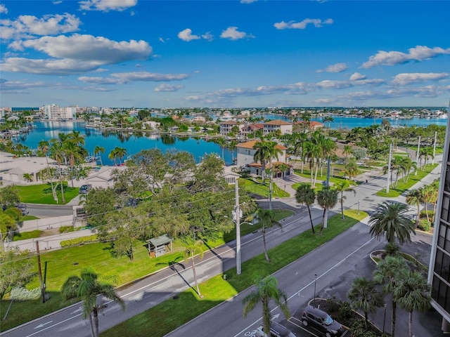 drone / aerial view with a water view
