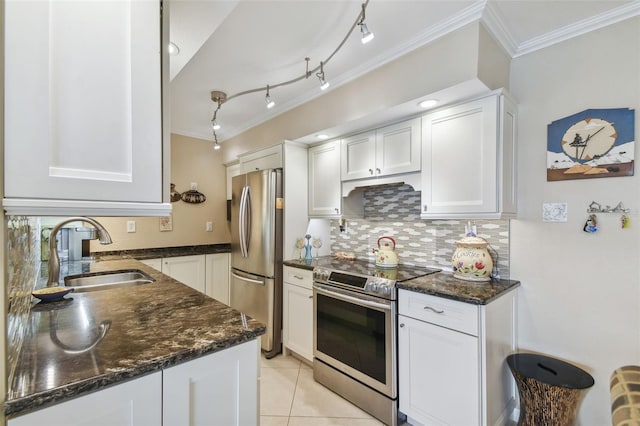kitchen featuring a sink, ornamental molding, stainless steel appliances, and white cabinetry