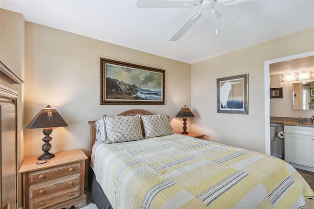 bedroom with a ceiling fan and ensuite bath