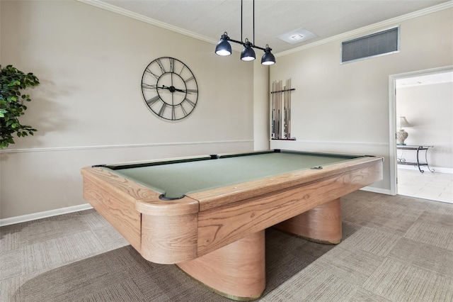 game room with carpet flooring, ornamental molding, and billiards