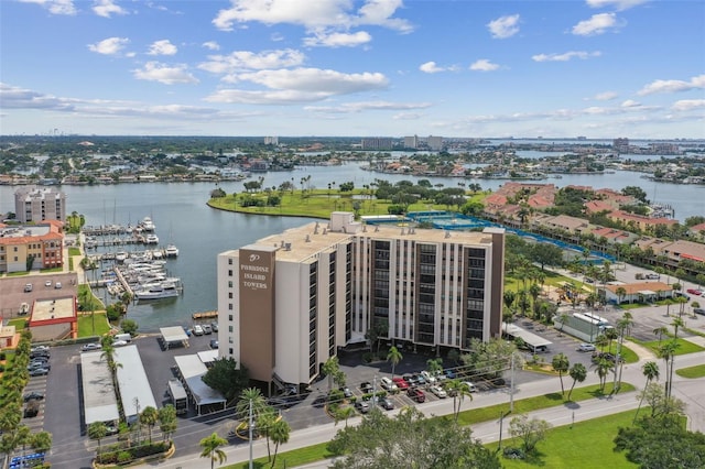 bird's eye view with a city view and a water view