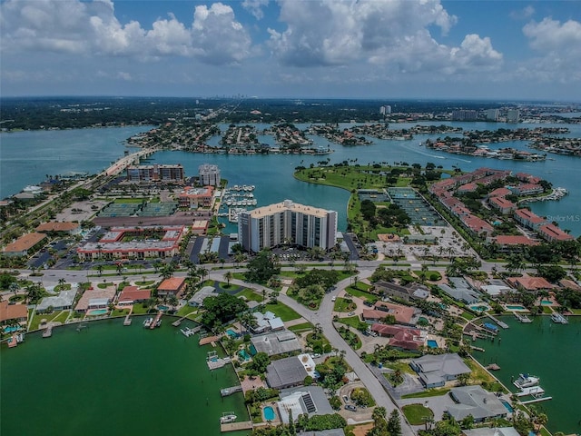 aerial view featuring a water view and a view of city
