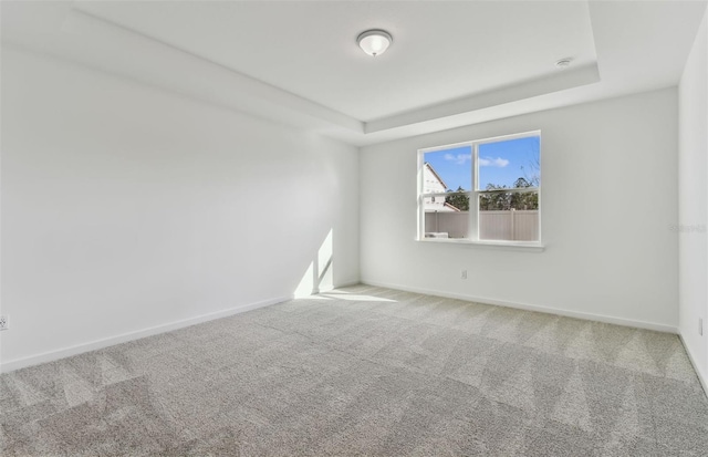 empty room featuring carpet flooring and a tray ceiling