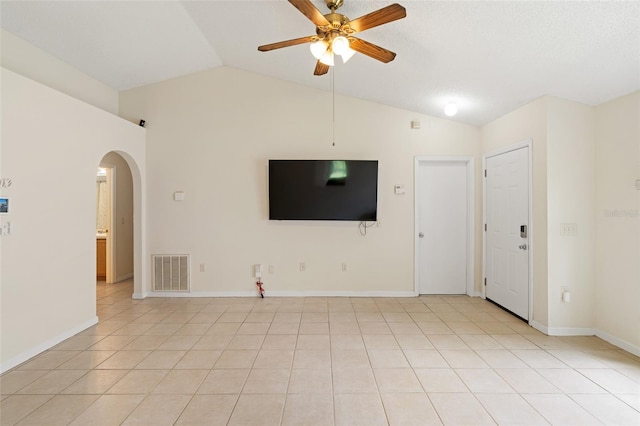 interior space with lofted ceiling and ceiling fan