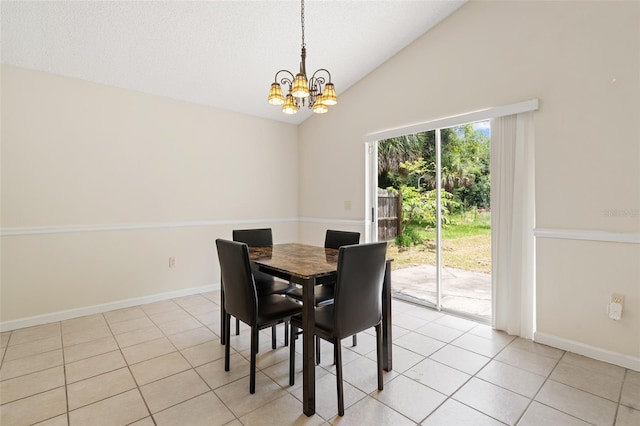 tiled dining room with a notable chandelier, vaulted ceiling, and a textured ceiling