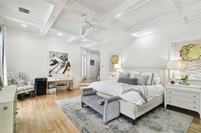 bedroom with coffered ceiling, hardwood / wood-style flooring, ceiling fan, and beamed ceiling