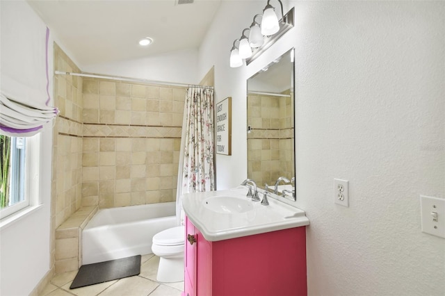 full bathroom featuring tile patterned floors, shower / bath combo, toilet, and vanity