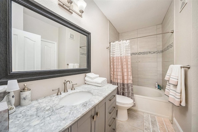 full bathroom featuring a textured ceiling, shower / bath combination with curtain, toilet, tile patterned floors, and vanity