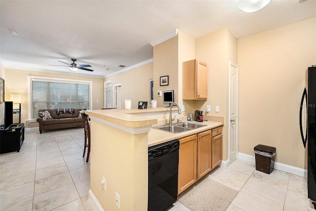 kitchen featuring dishwasher, kitchen peninsula, ornamental molding, sink, and a breakfast bar