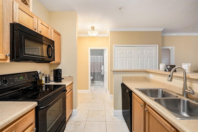 kitchen with sink, black appliances, crown molding, light tile patterned floors, and light brown cabinetry