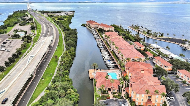 aerial view featuring a water view