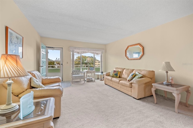 living room featuring a textured ceiling and carpet flooring