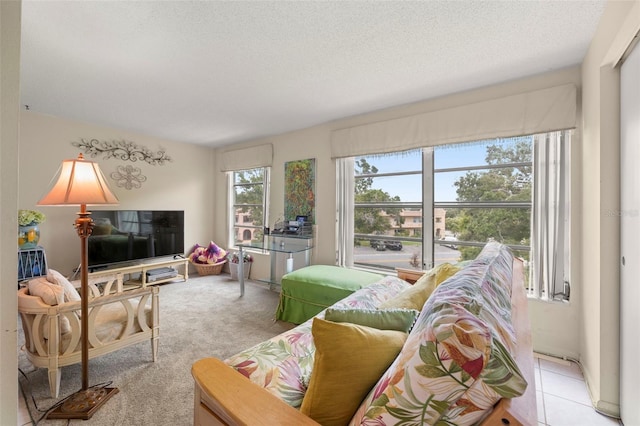 living room featuring a textured ceiling and light carpet