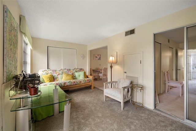 carpeted living room featuring a textured ceiling