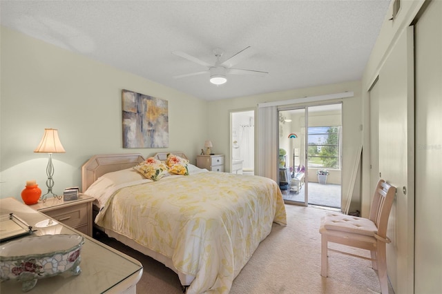 bedroom with light carpet, a textured ceiling, access to outside, and ceiling fan