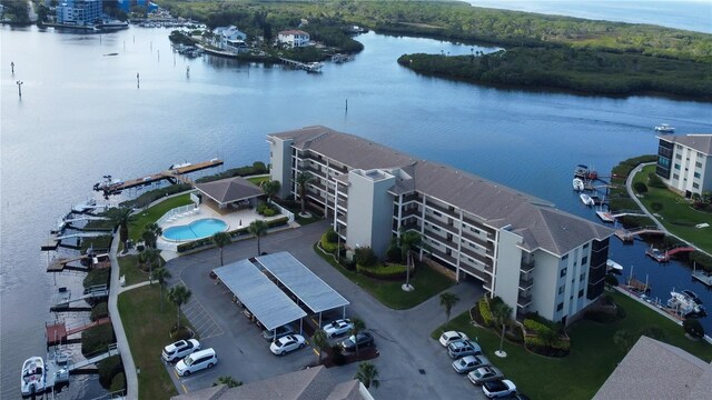 bird's eye view with a water view