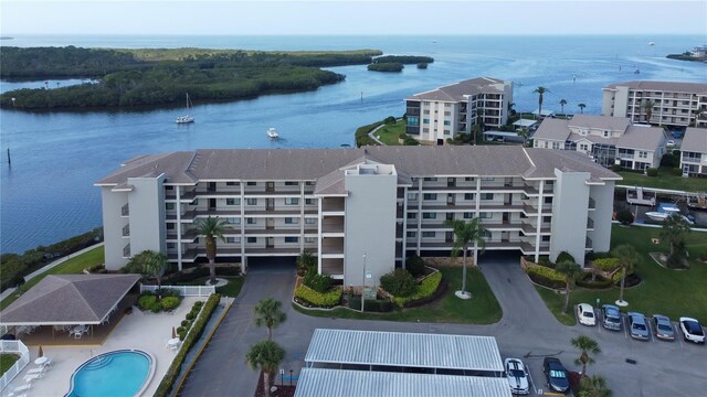 aerial view featuring a water view