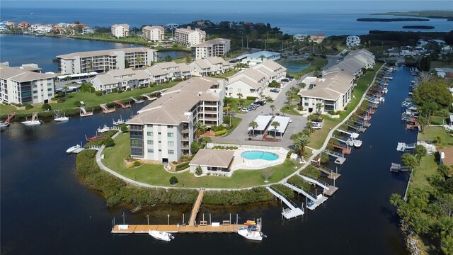 aerial view featuring a water view