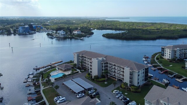 bird's eye view with a water view