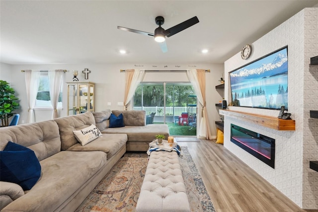 living room with plenty of natural light, ceiling fan, and light hardwood / wood-style flooring