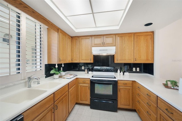 kitchen featuring dishwashing machine, sink, tasteful backsplash, and white electric range oven