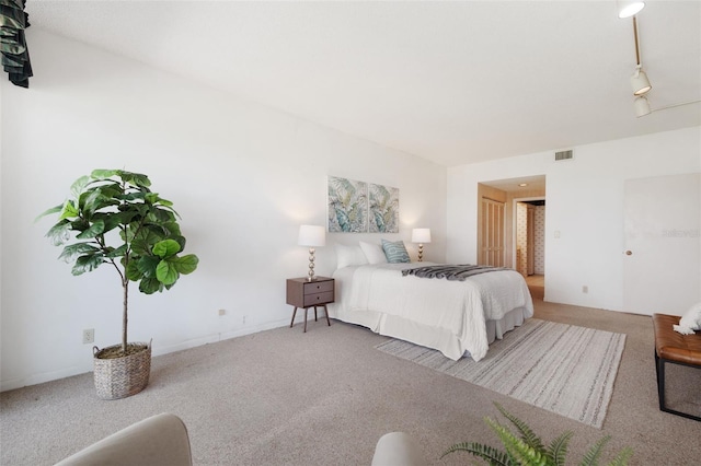 bedroom featuring track lighting and carpet floors