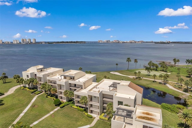 drone / aerial view with a water view