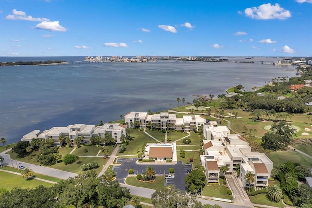 aerial view featuring a water view