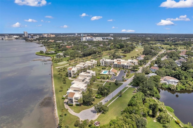 drone / aerial view featuring a water view