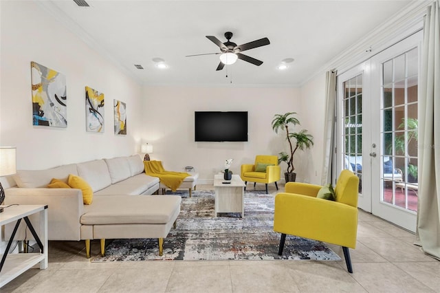 living room featuring ceiling fan, light tile patterned flooring, french doors, and crown molding