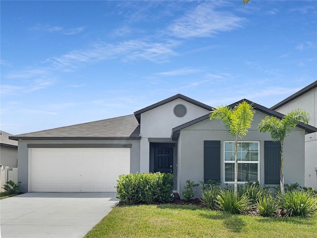 single story home featuring concrete driveway, an attached garage, roof with shingles, and stucco siding