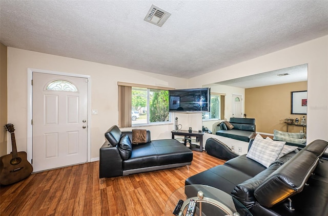 living room featuring hardwood / wood-style flooring and a textured ceiling