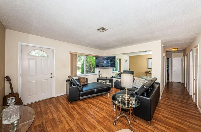 living room with a textured ceiling and wood-type flooring