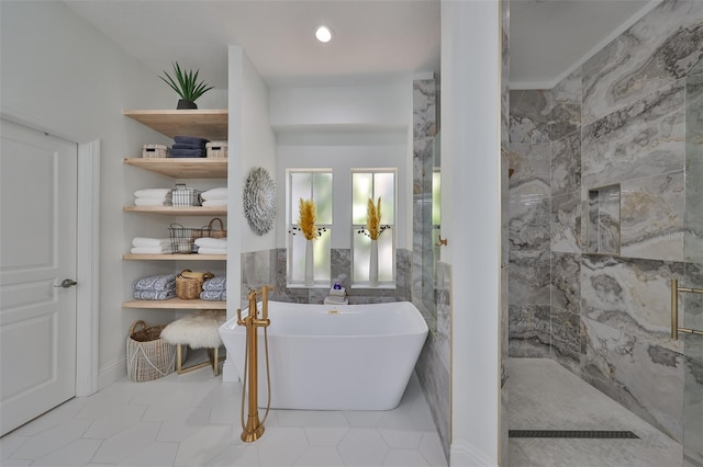 bathroom with tile patterned flooring and independent shower and bath