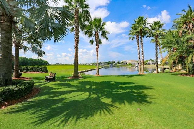 surrounding community featuring a lawn and a water view