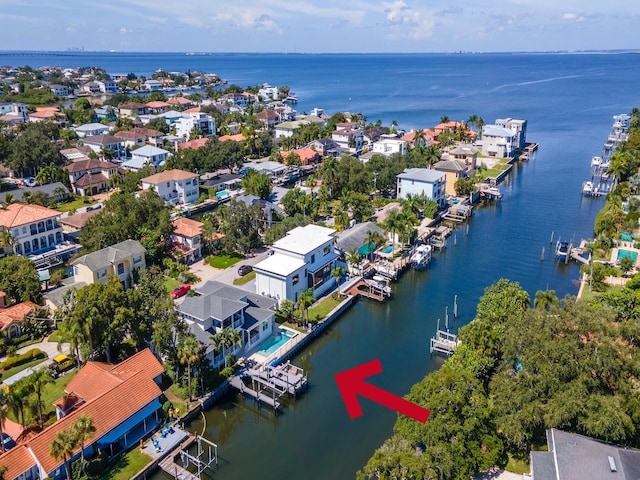 drone / aerial view featuring a water view