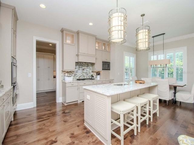 kitchen with sink, hanging light fixtures, a kitchen island with sink, and built in microwave