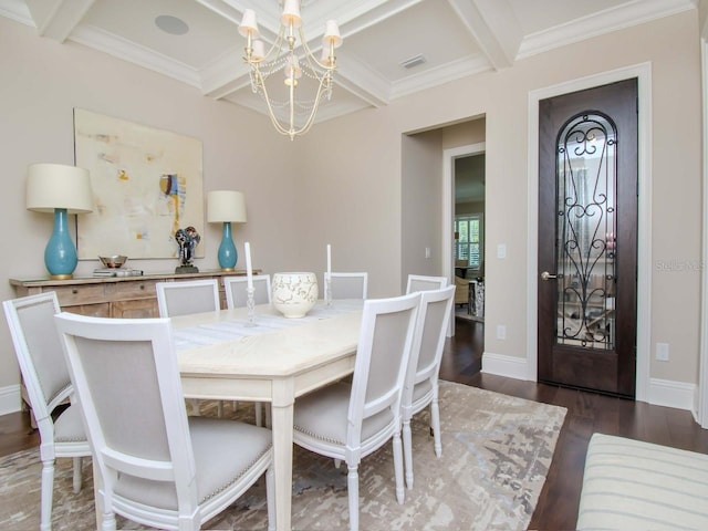 dining room with an inviting chandelier, dark hardwood / wood-style floors, ornamental molding, beam ceiling, and coffered ceiling