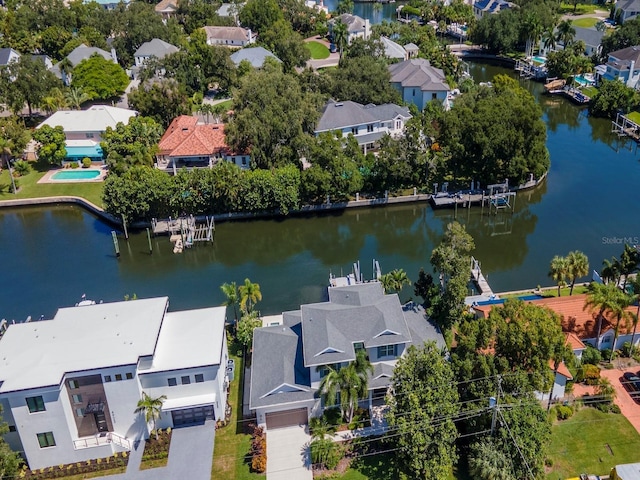 drone / aerial view with a water view