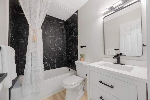 full bathroom featuring shower / bath combo, toilet, hardwood / wood-style flooring, and vanity